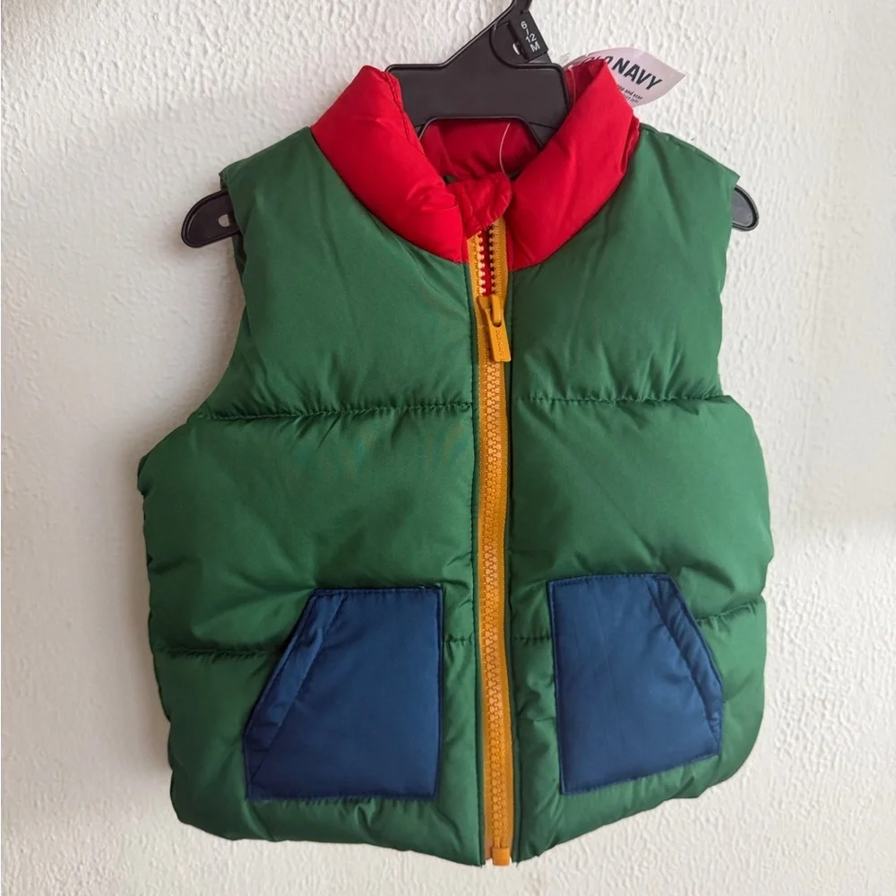 Old Navy Kids Green and Red Puffer Colorblock Vest
